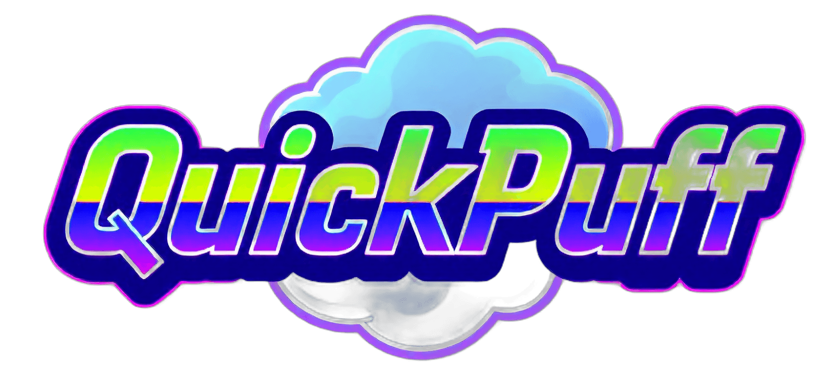 QuickPuff logo with neon green and blue text over a cartoon vapor cloud
