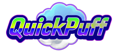 QuickPuff logo with neon green and blue text over a cartoon vapor cloud